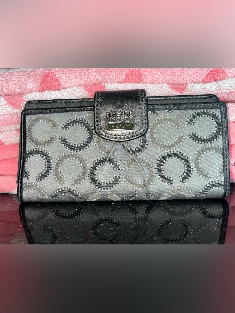 Coach Op Art Pewter & Silver Long Wallet with Horse & Carriage